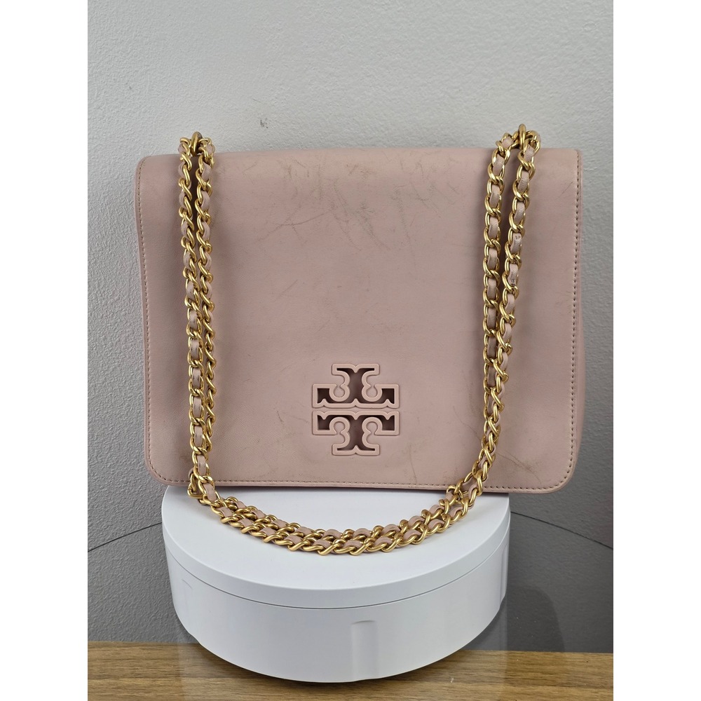 Tory Burch Britten Convertible Shoulder Bag Blush Pink Leather Gold Chain Logo
